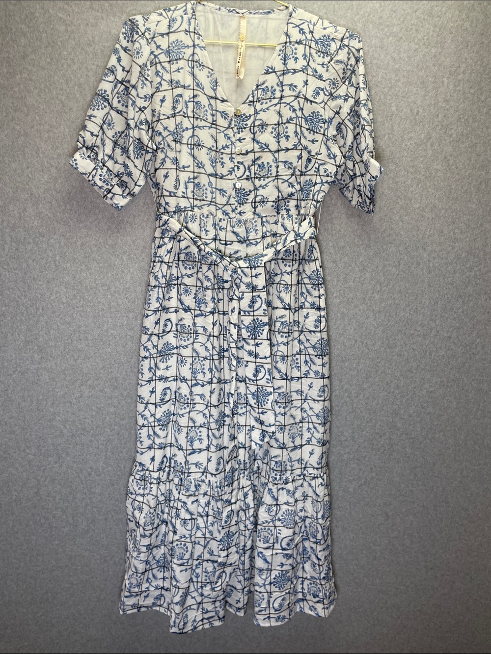 Uncle Frank Windowpane Floral Tiered Puff Sleeve Cotton Henley Cottagecore Maxi